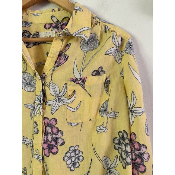 Charter Club Luxury 100% Linen Yellow Floral Button Front Shirt Womens Sz Large - Picture 3 of 4